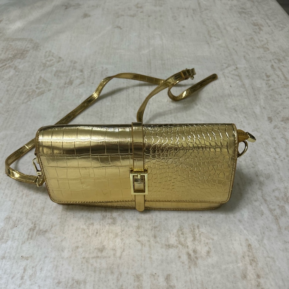Gold Croc-Embossed Shoulder Bag